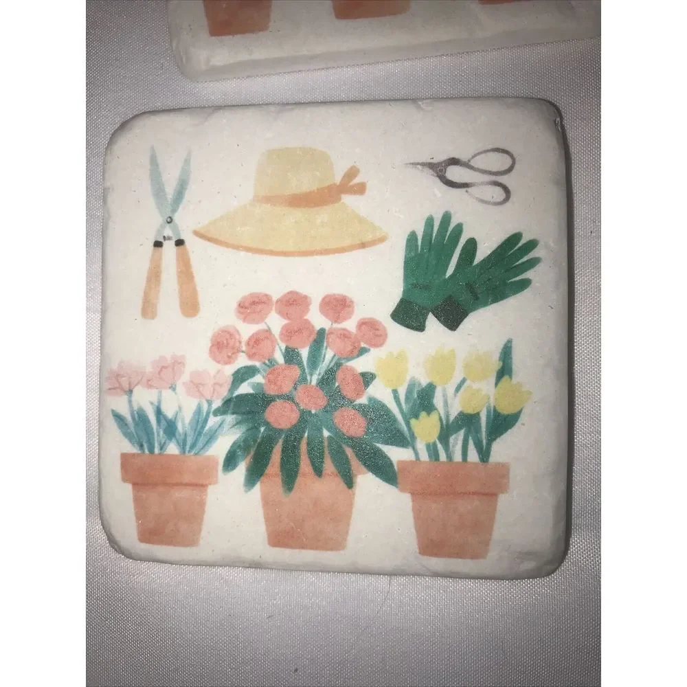 Tabletop Gardening Coaster Set/4 Resin Flowers‎ Hat Wheel Barrow Cg175957
